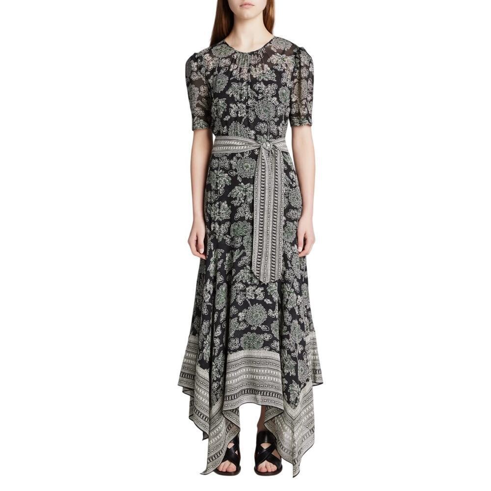Veronica Beard Smita Batik Floral Print Belted Handkerchief Dress Black Size 6